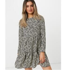 ASOS Leopard Long Sleeve Tiered Smock Mini Dress